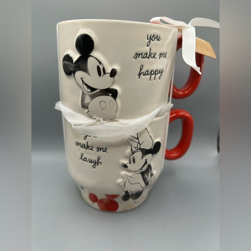 Rae Dunn Disney Mickey And  Minnie Mouse Stackable Mug Set YOU MAKE ME HAPPY NEW